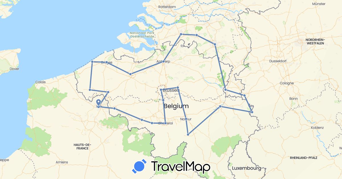 TravelMap itinerary: driving, cycling in Belgium, Germany, France, Netherlands (Europe)